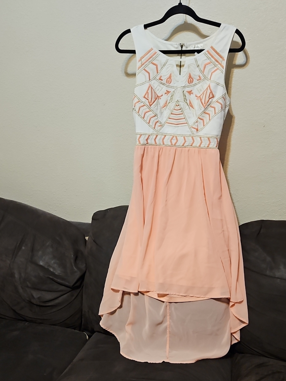 Soieblu White & Peach High-Low Embroidered Dress